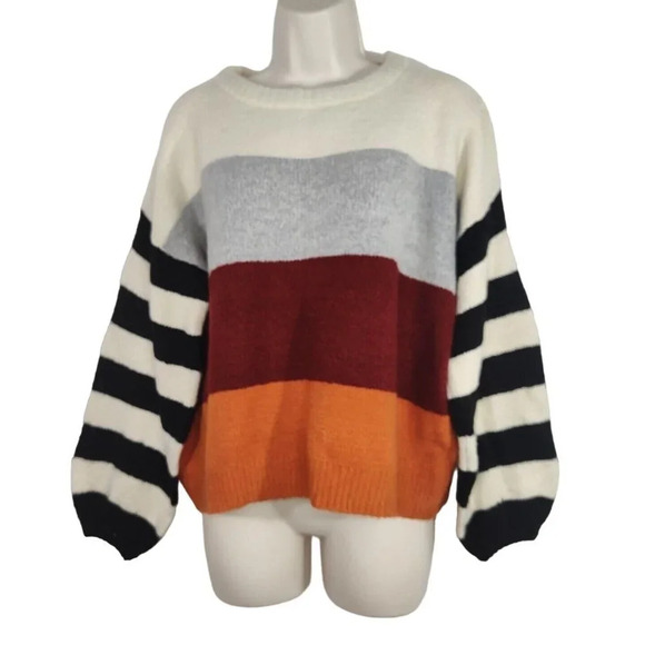 Runway 7 Ivory Red Orange Gray Striped Sweater Size XL Long Sleeve Crewneck - Picture 2 of 5